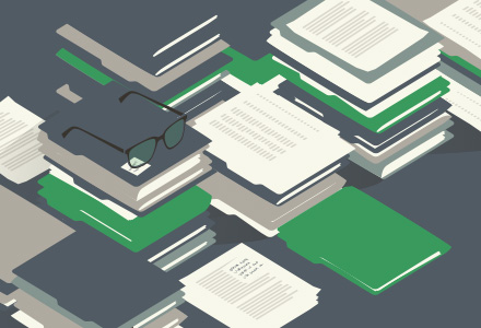 Illustration of a stack of books and folders with papers to review