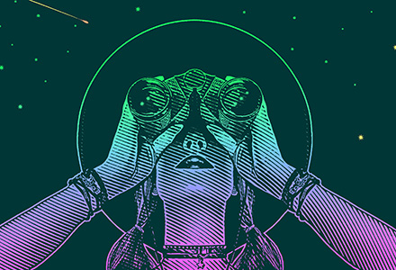 Woodcut illustration of a young woman with binoculars looking up at the sky