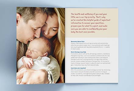 Interior spread of a brochure for Rauk Dentistry tongue tie services with a photo of a baby with their parents