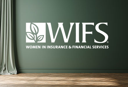 Green wall with curtain to the left and wood floor. Logo for Women in Insurance and Financial Services logo is superimposed.