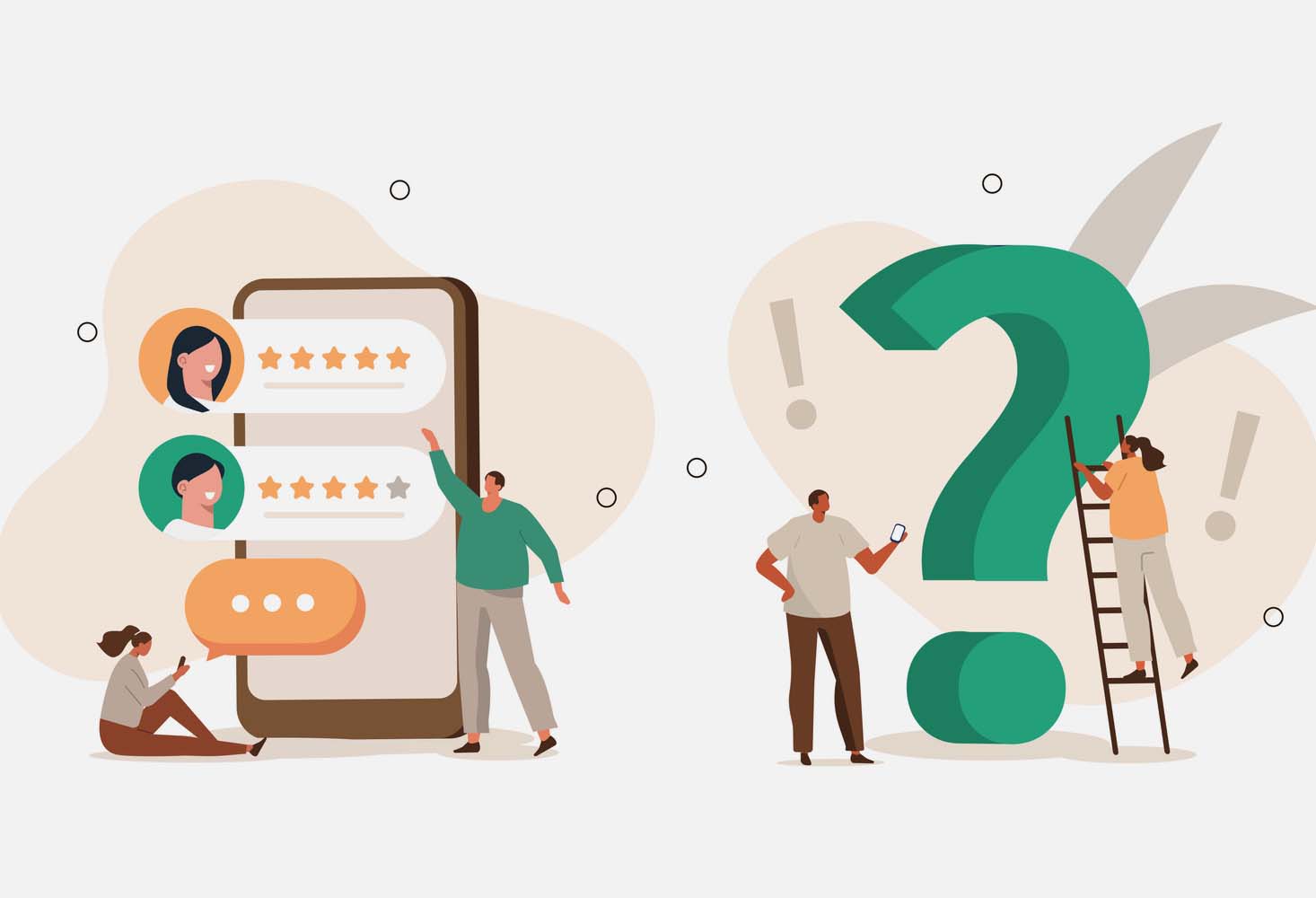 Illustration of customer ratings and a person on a ladder leaned up against a question mark