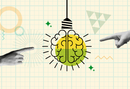 Abstract illustration of two hands pointing at a brain overlaid with a light bulb with a grid pattern in the background