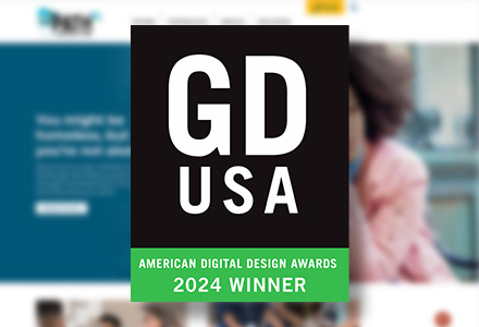 Screen shot of MyPathMN.org website blurred out with overlay of GDUSA American Digital Design Awards 2024 Winner badge