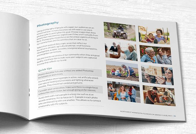 Inside spread of Northwest Minnesota Foundation brand guidelines