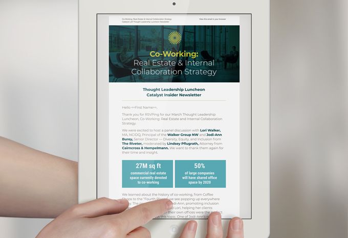 Photo of a tablet with an enewsletter for Catalyst Workplace Activation