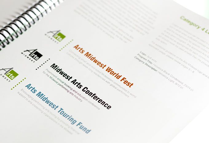 Detail of a brand guidelines document for Arts Midwest detailing program area title specifications