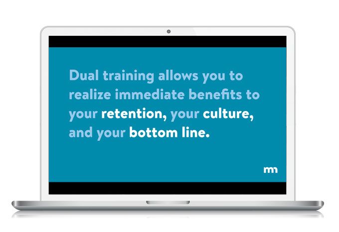 PowerPoint presentation for Minnesota Dual-Training Pipeline. The slide reads: Dual training allows you to realize immediate benefits to your retention, your culture, and your bottom line