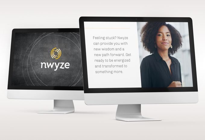 Photo of two computer screens with PPT slides on them. One with a Nwyze logo and one with a photo of a young woman and some marketing language.