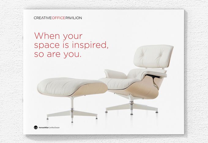 Photo of the cover of a brochure for Creative Office Pavilion featuring office furnishings and the phrase 