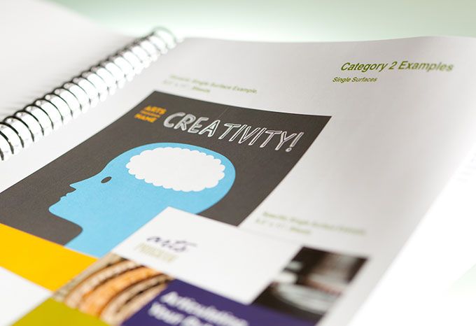 Detail of a brand guidelines document for Arts Midwest showing brochure cover examples