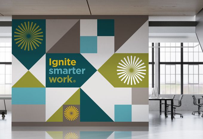 Mockup of a wall graphic in an office with the words 