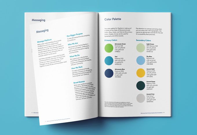 Interior spread of a brand guidelines document with content about brand messaging and the recommended color palette.