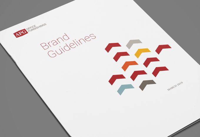 Photo of the cover of a brand guidelines document for APG Office Furnishings