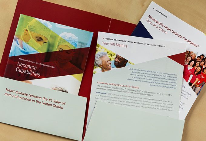 Pocket folder, brochures, and flyers for the Minneapolis Heart Institute Foundation