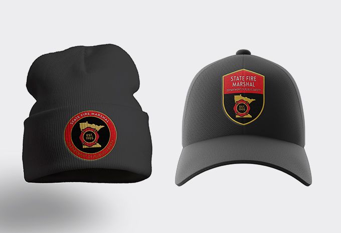 Beanie and baseball hat with logo for Minnesota State Fire Marshal
