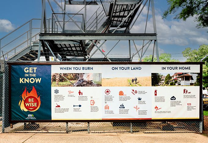 Large exterior banner with factoids at the DNR Fire Prevention area at the Minnesota State Fair