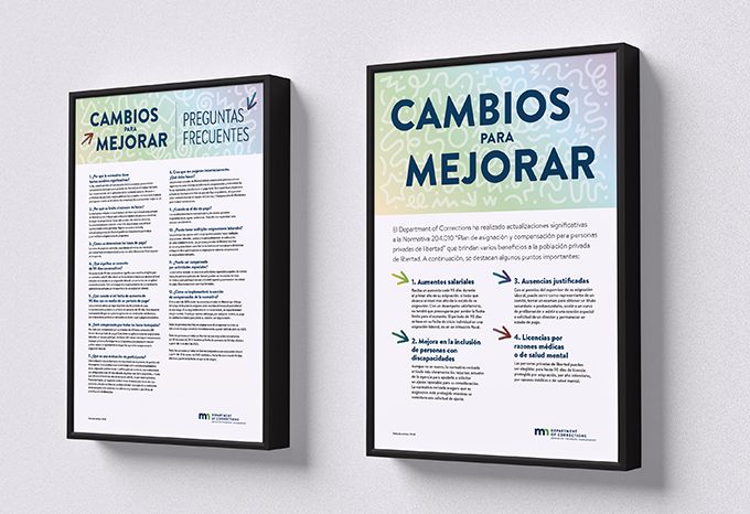 Posters for the Department of Corrections explaining new policies for incarcerated people. Headline reads: Change for the better. The posters are translated into Spanish.