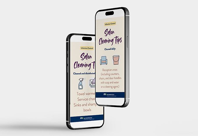 Two phones with screens from a social media animation about salon cleaning tips