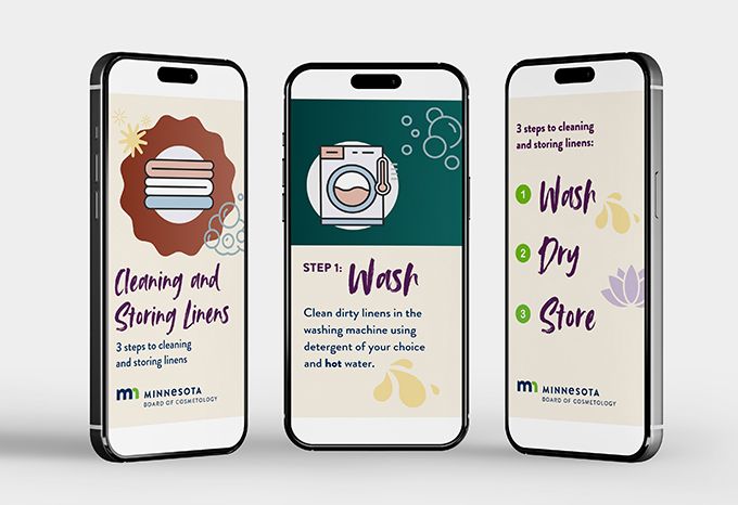 Three phones with screens from a social media animation about cleaning and storing linens in a salon