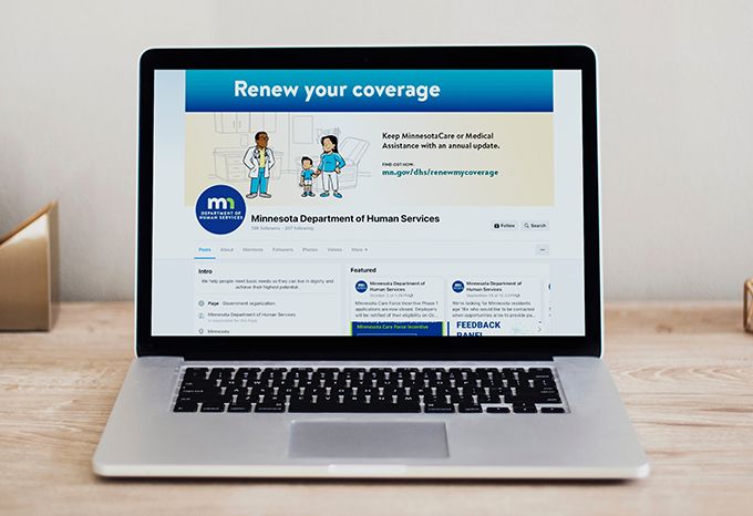 Laptop with Facebook page for the Minnesota Department of Human Services Healthcare Renewal Campaign