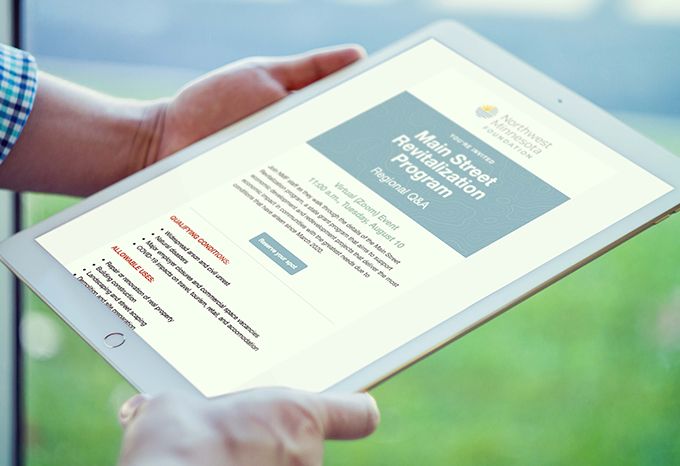 Northwest Minnesota Foundation email shown on a tablet display