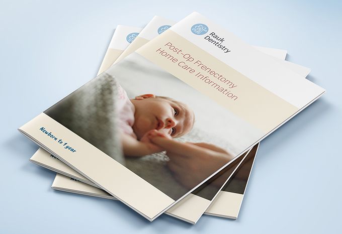 Cover of a brochure for Rauk Dentistry tongue tie services with a photo of a baby and a mother's hand