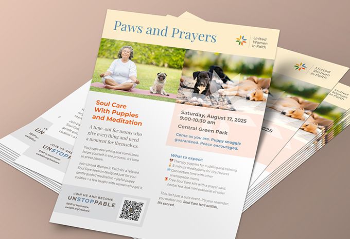 A stack of flyers for a Paws and Prayers Soul Care event